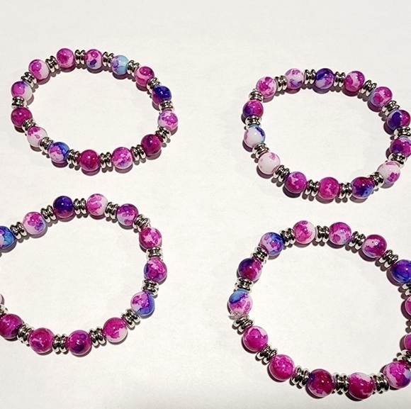 handmade Stretch Bracelet with Pink, Blue, Purple and White Set of 4 pc - Picture 2 of 8